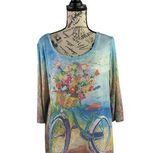 Leoma Lovegrove Blouse Artsy Bicycle Print 3/4 Sleeve Polyester Blend Women's M